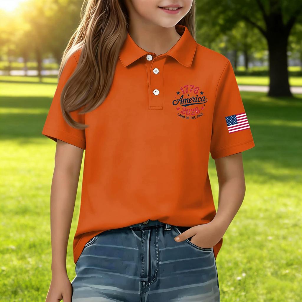 Kids Short Sleeve Polo Shirt Casual Everyday Wear Independence Day Print Tee Shirt with Button Collar and Embroidered Sleeve Patch for Boys