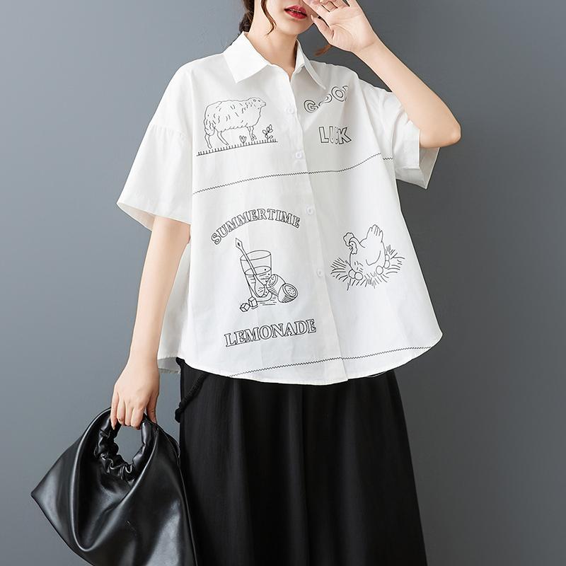 DIMANAF 2026 Plus Size New Spring Summer Blouse Short Sleeve Casual Shirt Women Loose Tops Shirts Cotton Black Print
