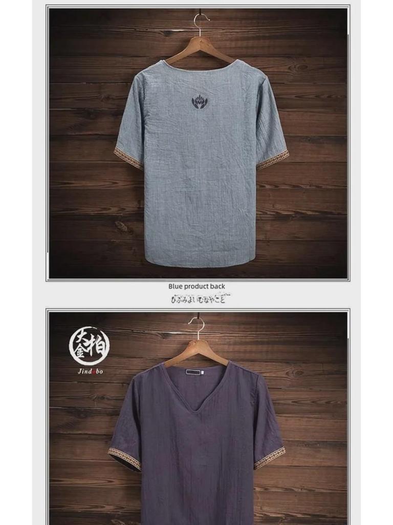 Herr Sommar Koreansk V-ringad Kortärmad Bomull Linne T-shirt - Andningsbar, Allsidig, Trendig Halvärm för Större Storlekar