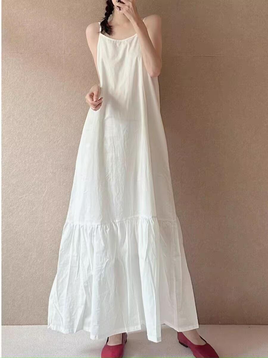 

2025 лето новый простой повседневный однотонный хлопковый сарафан на бретелях женский свободный и тонкий темпераментный уменьшающий возраст платье без рукавов 2XL белый
