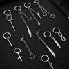2pcs/set Black Or Silvery Unisex Punk Stainless Steel Cross Cone Feather Chain Pendant Hoop Earrings Ear Stud Jewelry Set