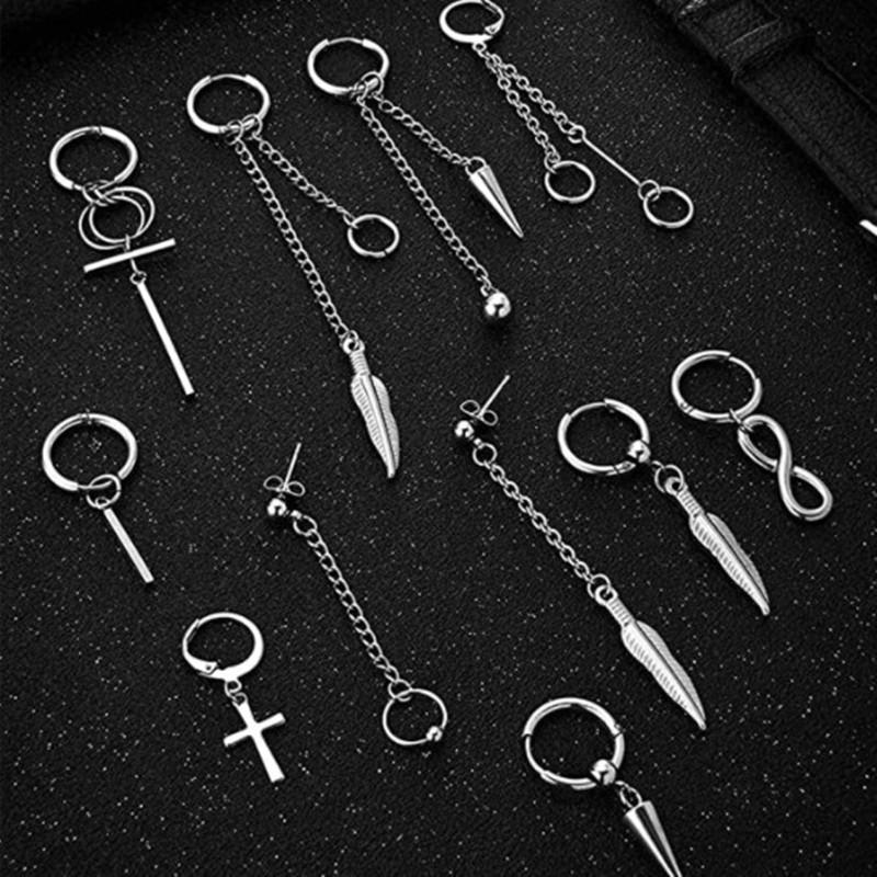 2pcs/set Black Or Silvery Unisex Punk Stainless Steel Cross Cone Feather Chain Pendant Hoop Earrings Ear Stud Jewelry Set