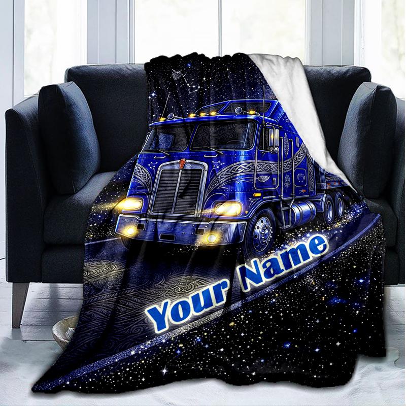 1PC Custom Name Space Truck Journey flannel blanket versatile,all-season throw suitable for the living room,bedroom,camping,travel,and gift