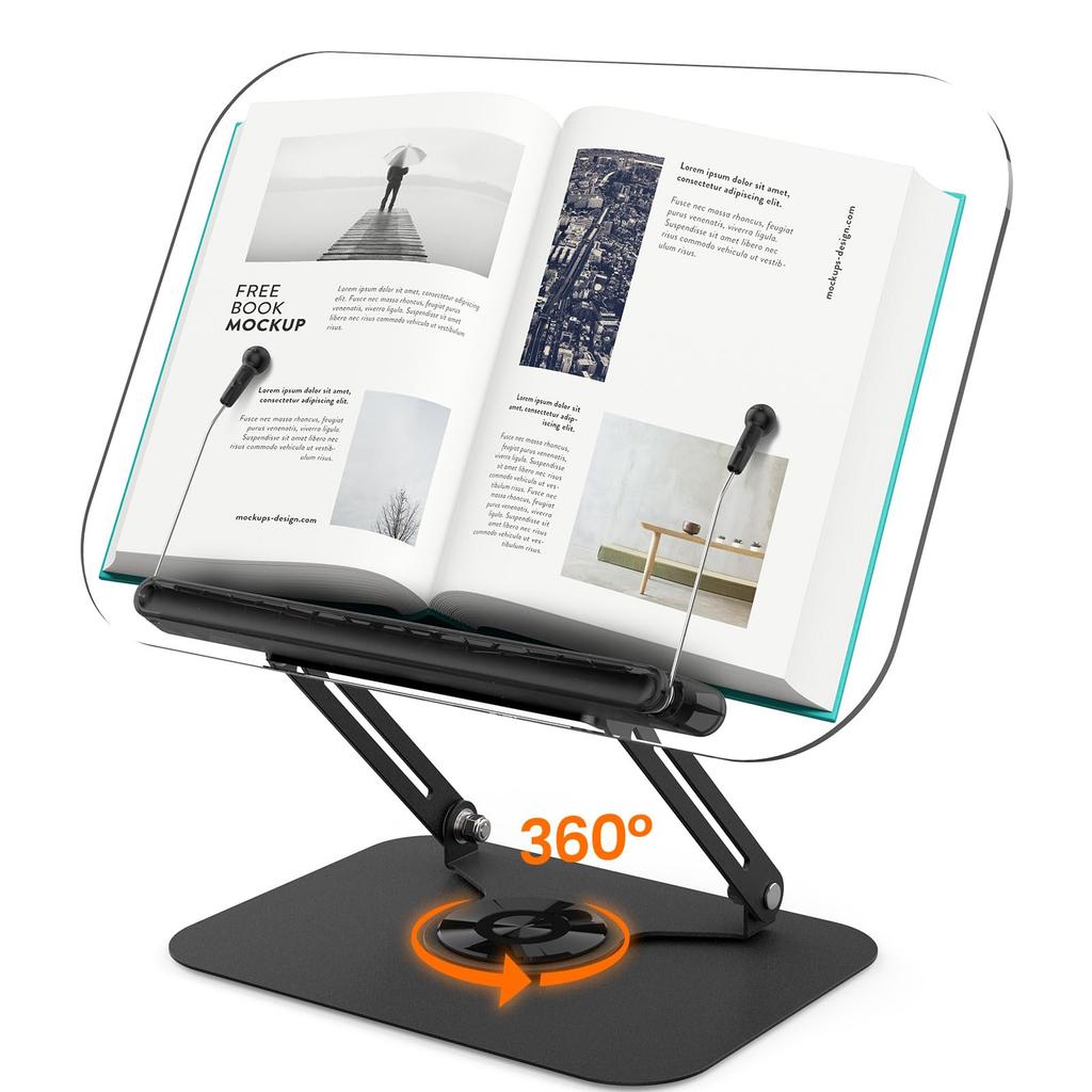 NEW Book Stand for Reading Adjustable Book Holder with 360° Rotating Base Elastic Page Clips Foldable Desktop Riser Stand