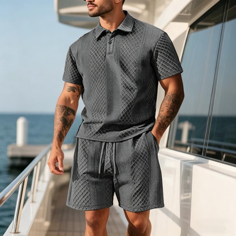 2026 Summer Fashion Sports Style Short Two Piece Set Men's Casual Solid Color Jacquard Short Sleeves Pullover POLO Shirt Shorts 2 Piece Sets