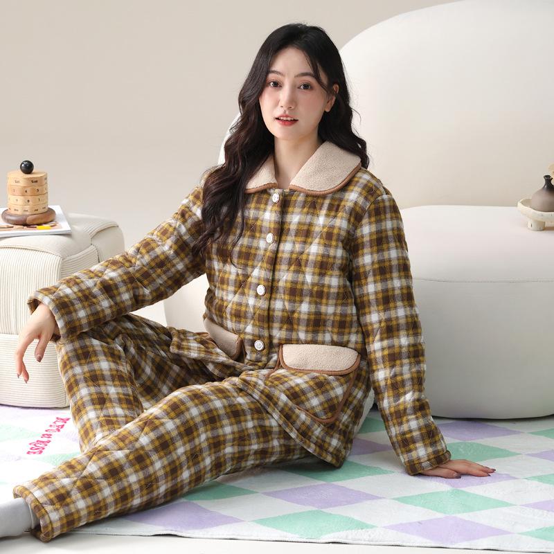 Pajamas Women'S Winter Three-Layer Thickened Fleece Woven Padded Cotton Women'S Autumn And Winter Coral Fleece Winter Padded Jacket Loungewear