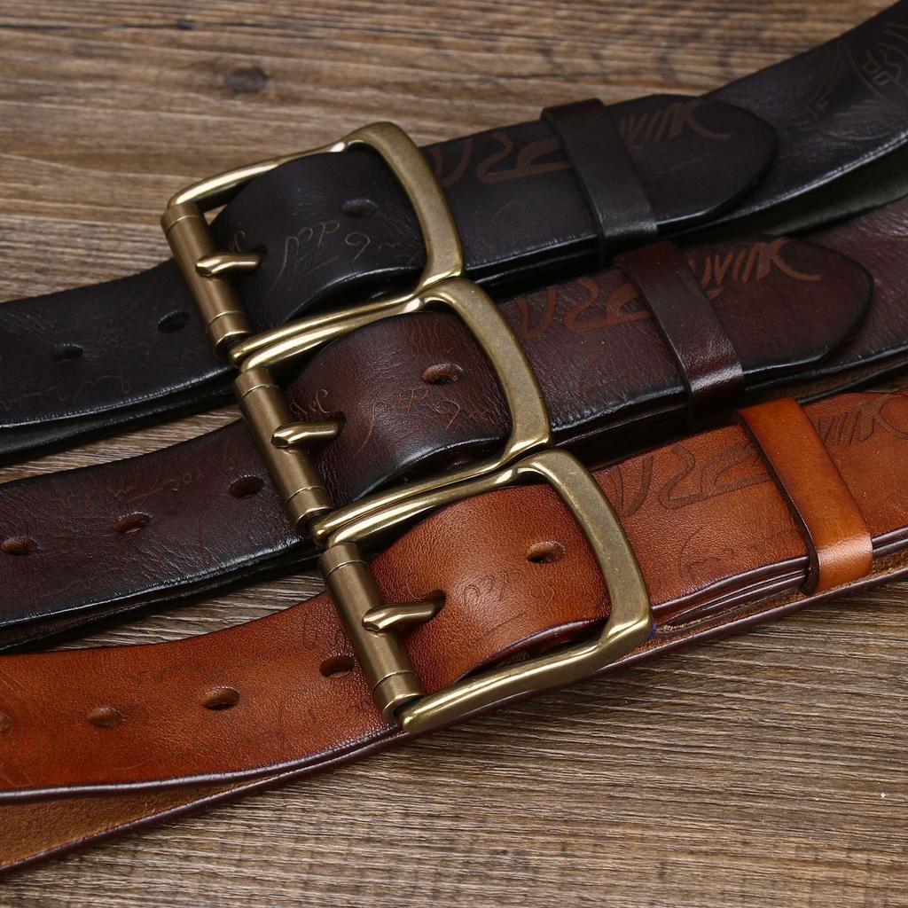 Belt Men's Retro Distressed Laser Carved Italian Vegetable Tanned Leather First Layer Pure Cattlehide Brass Buckle Belt