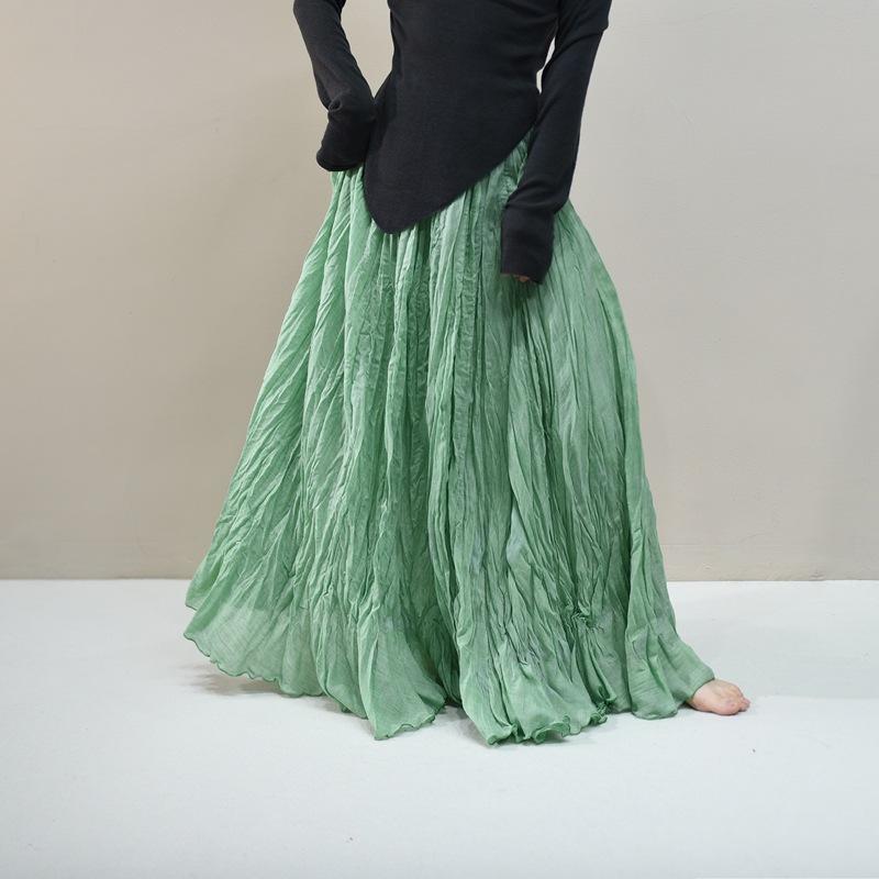 Women's Linen Maxi Skirts Summer Boho Solid Beach Elastic High Waist Pleated A-Line Flowy Swing Long Maxi Skirts Elastic Waist Long Skirt for Women