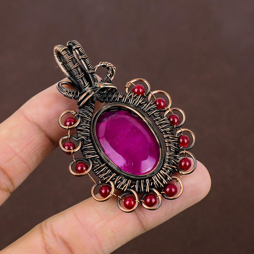 Rubis Grenat Naturel Pierre Précieuse Fait Main Fil de Cuivre Enveloppé Pendentif 2.76" s0p95
