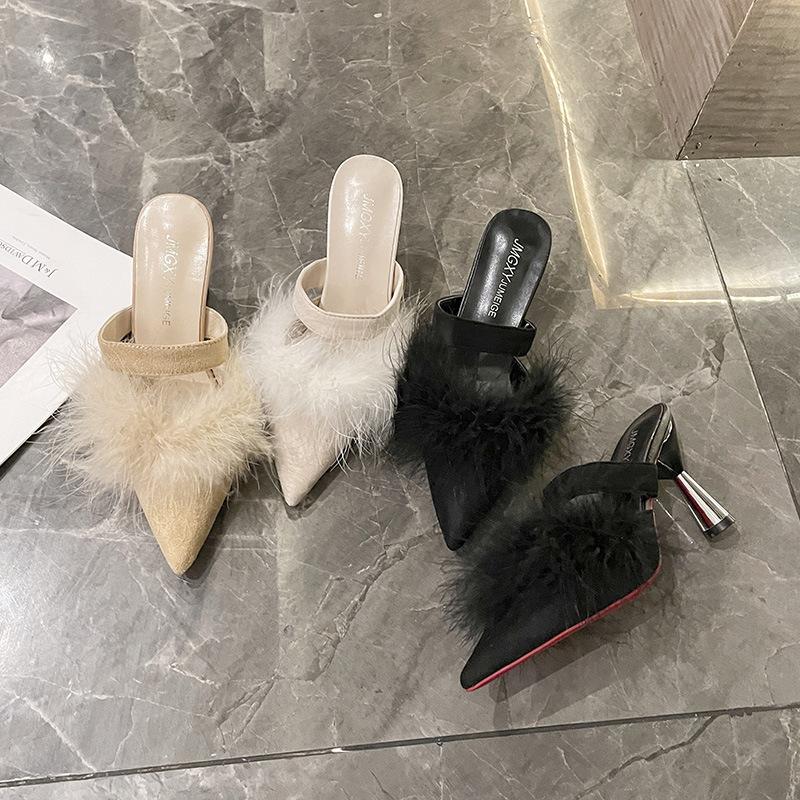 Toc subțire cu toc înalt, papuci de halat de dimineață, mărime mică, papuci pufoși și cool, de vară, versatili, cu vârf ascuțit, pentru mireasă, toamnă