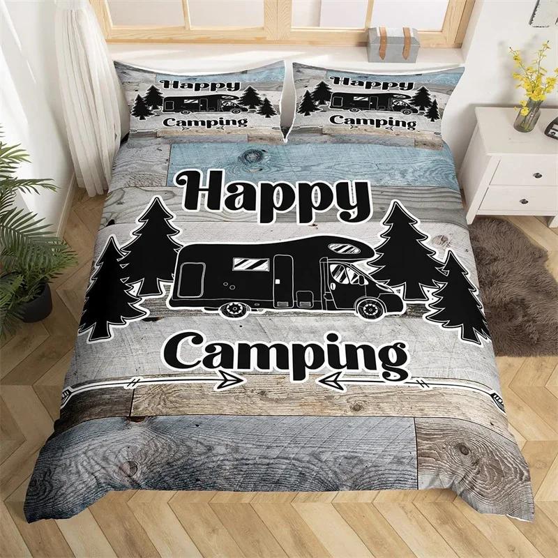 Happy Camping Bettbezug Queen Cartoon Caravan Camping Bettwäsche Set Bauernhaus Stil 3D Camper Bettbezug mit Kissenbezügen