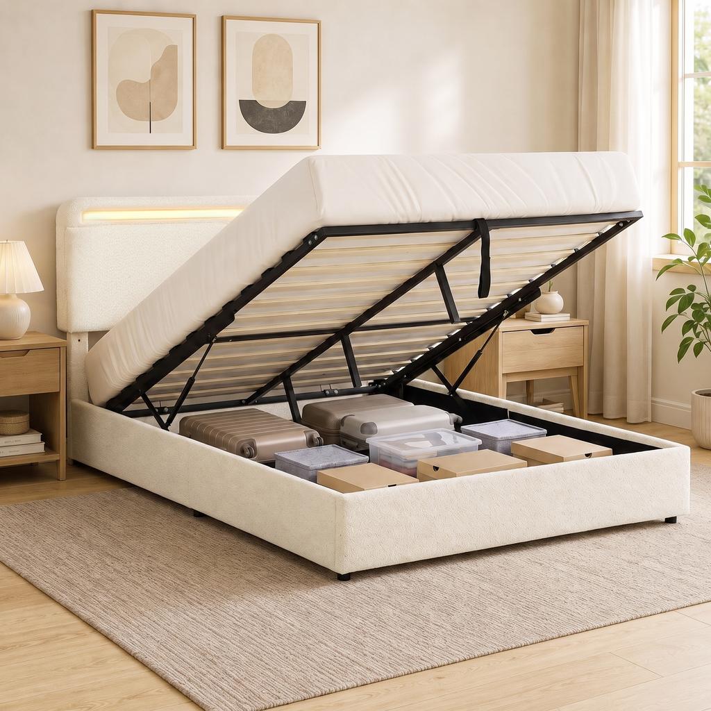 Lit Box 160 x 200 cm, RGB LED, Adjustable Head, Double Upholstered Velvet Bed Frame, Hydraulic Storage, Cream