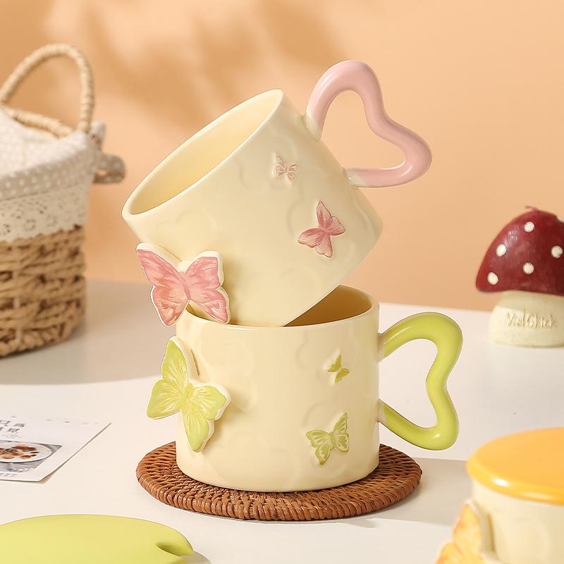 Keramiktasse mit Schmetterlingsmotiv, Deckel und Löffel, Hochwertige Wasserbecher für Paare, Für Mädchen, Home-Office, Kaffee, Frühstückstasse