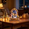 Holiday Party Table Settings Christmas Wooden Window Scene Figurine, Double-Sided Print Sign with Santa Workshop Indoor Displays Snow Town Train,