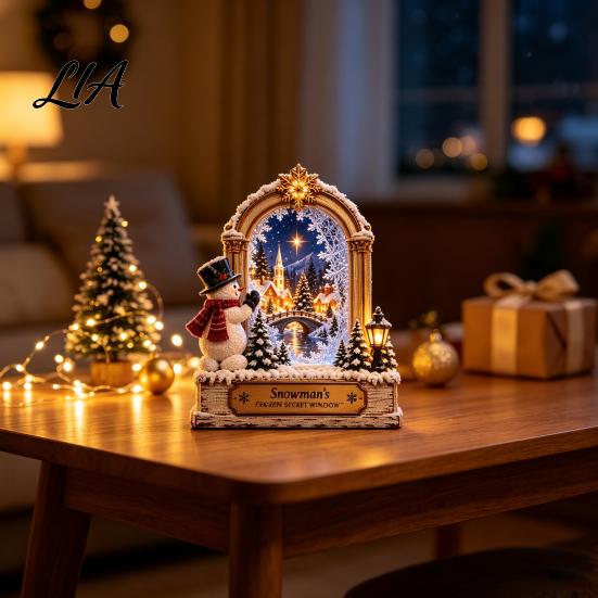Holiday Party Table Settings Christmas Wooden Window Scene Figurine, Double-Sided Print Sign with Santa Workshop Indoor Displays Snow Town Train,