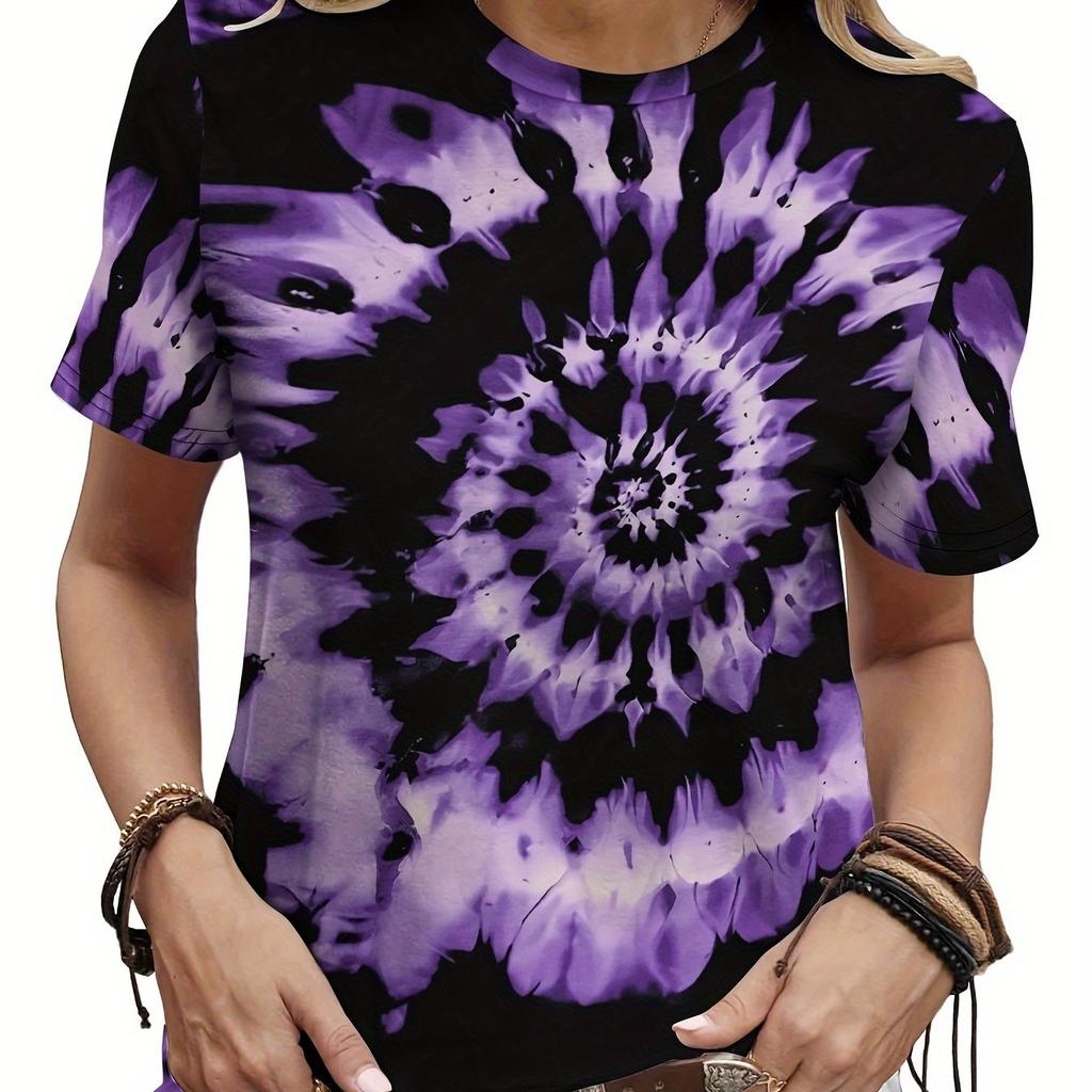 Women's gradient tie-dye short-sleeved T-shirt print, breathable crew neck casual top