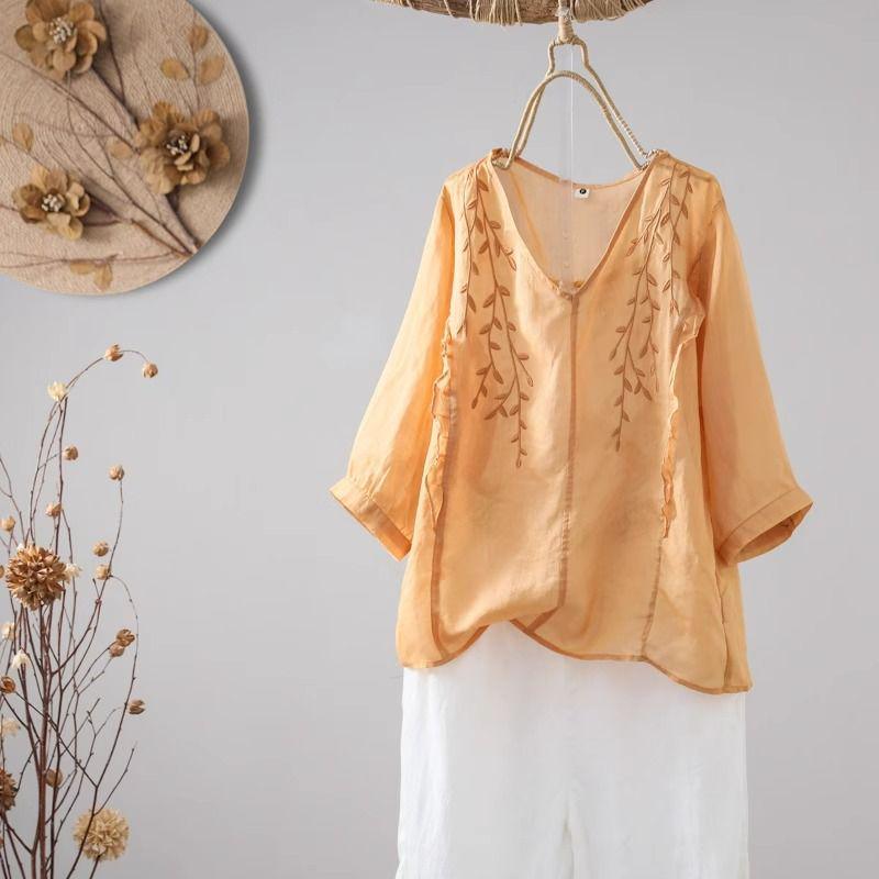 

Летняя вышитая рубашка из хлопка и льна – Ретро, свободного кроя, в этническом стиле XL (suggested for 120-135 jin)