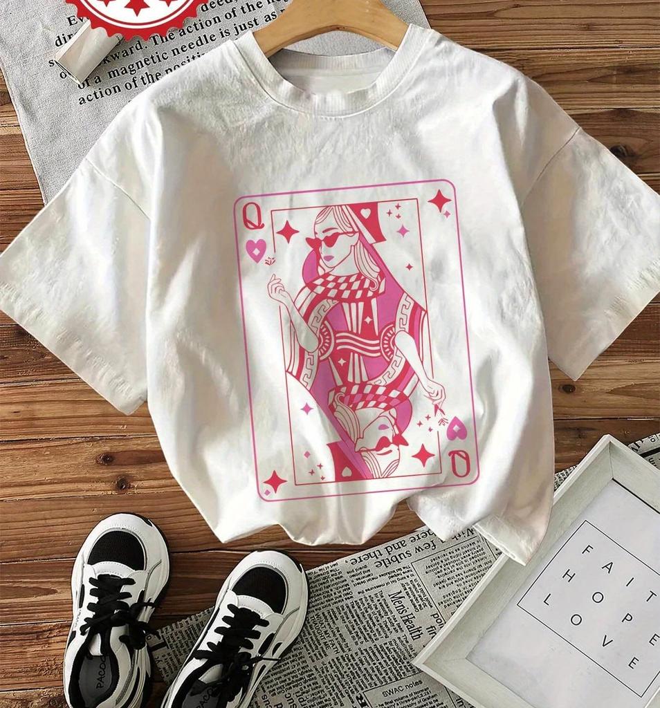 Women's Vintage Queen Hearts Graphic Print T-Shirt Short Sleeve Crew Neck Casual Top Fit Tee for Summer Heart Retro Card Design