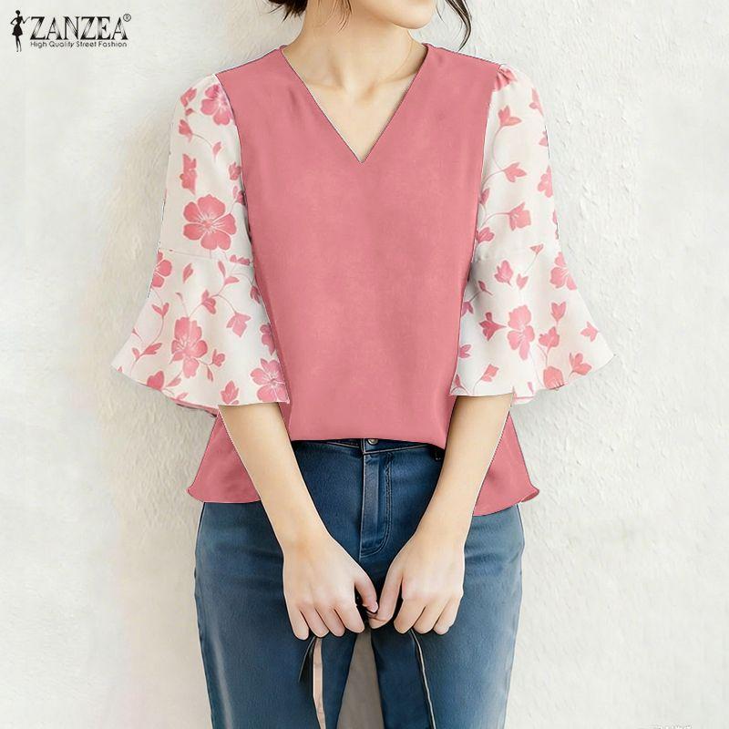 ZANZEA Women Casual V-Neck Print Splice 3/4 Sleeve Loose Blouse