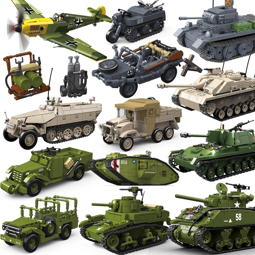 Militaire Tanks Stuart SdKfz251 PanzerVI Sherman US Army Quan Guan WO2 Soldaat Figuur Schaalmodel Bouwsteen Baksteen kind Kinder Speelgoed