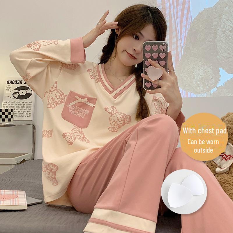 Pijama feminino de manga comprida com estampa de desenho animado e protetores de peito - algodão fino para uso interno/externo na primavera, outono e inverno