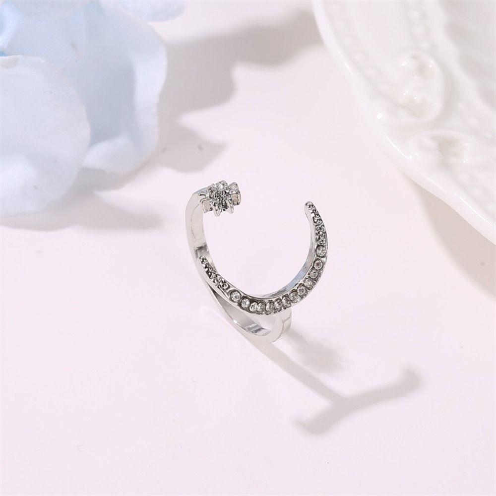 Korean Style Star Moon Opening Rings Rhinestone Crescent Moon Ring Personality Couple Ring  Couple
