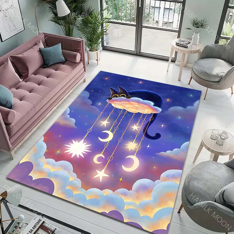 Multiple sizes Cat on cloud with moon stars Print Carpet Rug for Living Room Bedroom Sofa Doormat Home Decor Non-slip Floor Mat