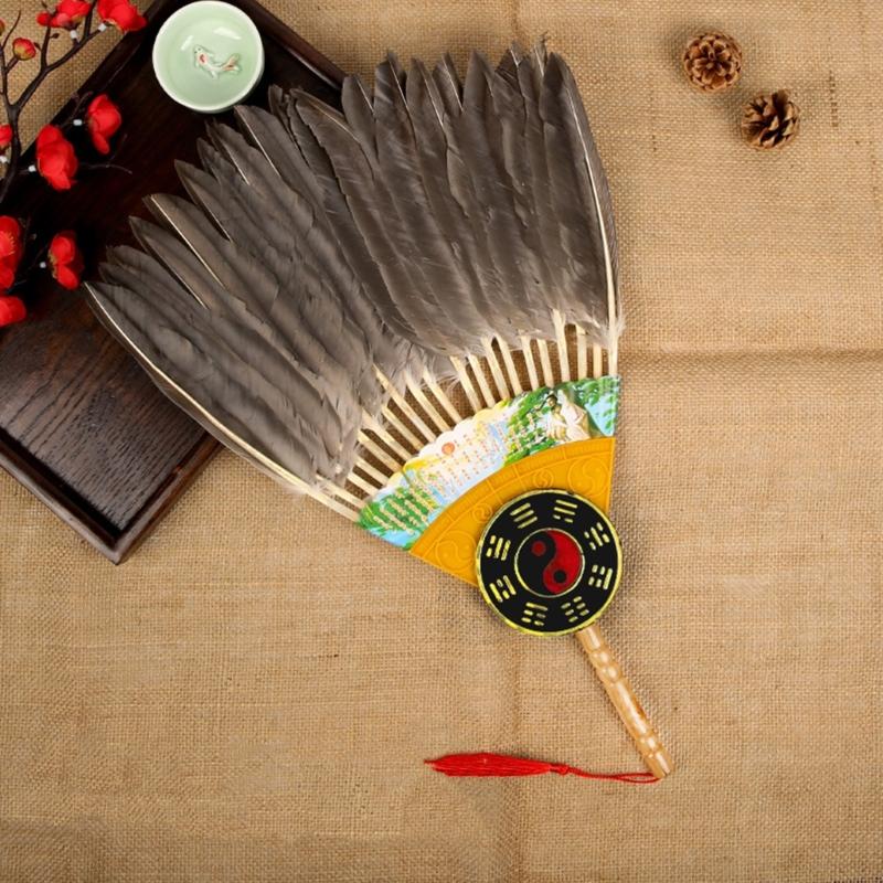 Vintage Chinese Fan Gooses Feather Wedding Party Fan Dance Feather Hand Fan Photograph Props Wood Craft Decorations Fan