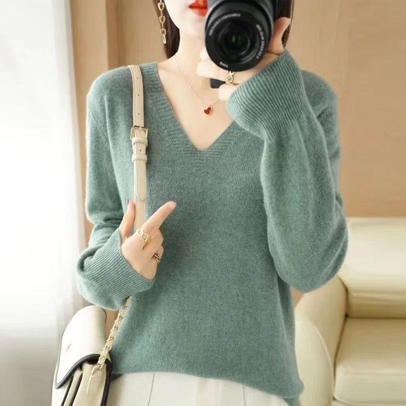 

Женский свитер 2023, осень-зима, вязаные пуловеры с v-образным вырезом, приталенная рубашка, однотонные мягкие трикотажные джемперы, корейская версия XL