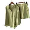 Women's Retro Plus Size Cotton Linen 2-Piece Set: 2024 High Waist Shirt and Loose Shorts