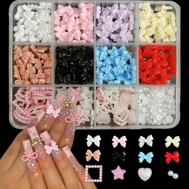 12Grids/Box Mixed Resin Bowknot Nail Art Decorations 3D Charms Kawaii Colorful Bow  Diy Manicure Tools Parts