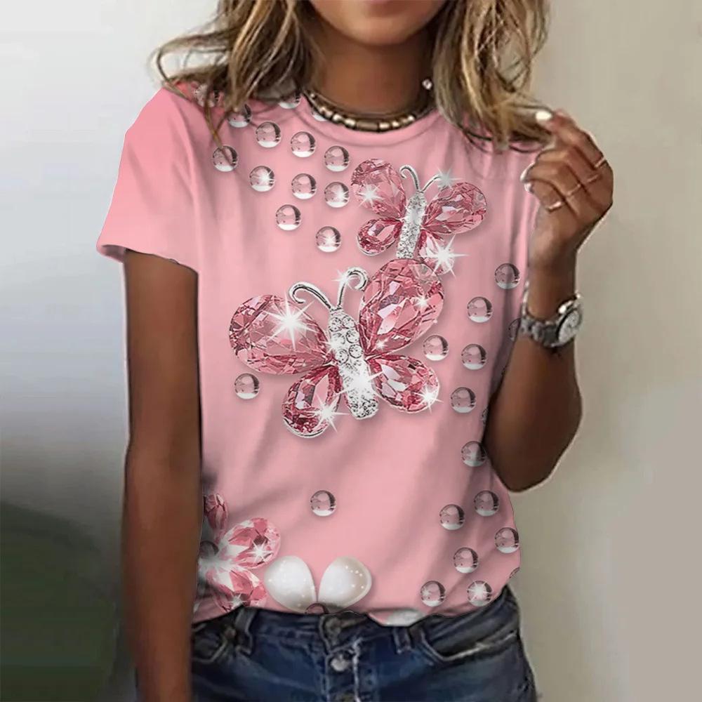 Butterfly and Flower Pattern 3D Digital Printing Women's Fashion Round Neck Short Sleeve T-shirt