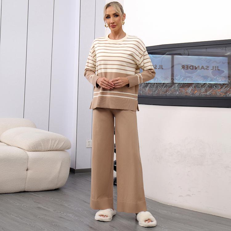 Otoño Invierno Mujer Casual Rayado Punto Suéter Pantalón Conjunto de Dos Piezas Manga Larga Jersey Tops y Pantalón de Pierna Ancha Chándal