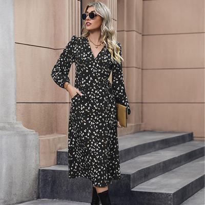Autumn Women's Fashion Lace-up V-neck Long Sleeve A- Line Skirt Black Printed Mid-waist Long Dress