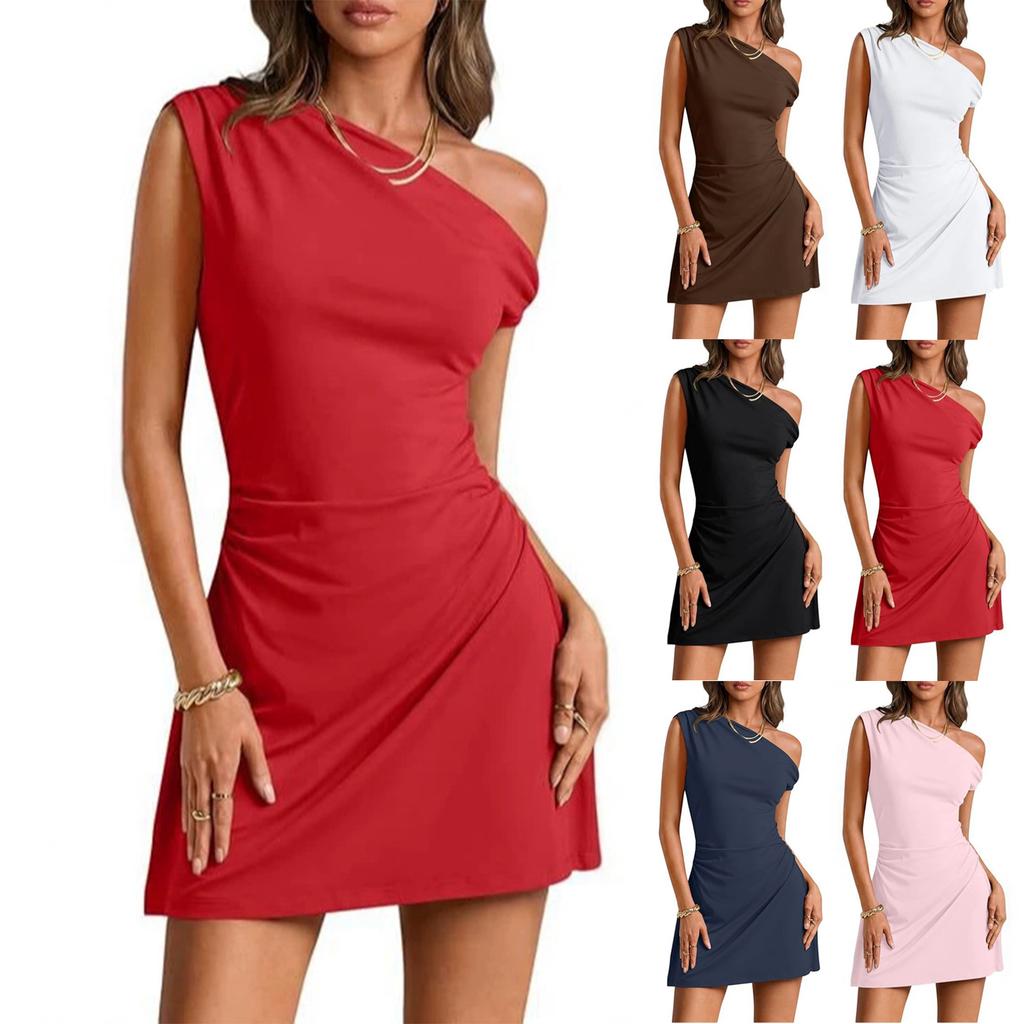 Damen One-Shoulder-Kleid Sommer Ärmellos Slim Fit Asymmetrischer Ausschnitt Lässig Party Minikleid