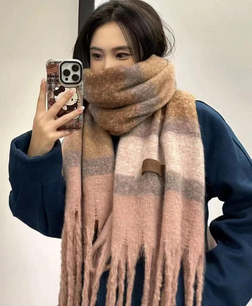 Japanese gentle mohair scarf women's winter thickened warm atmosphere student plaid shawl scarf men