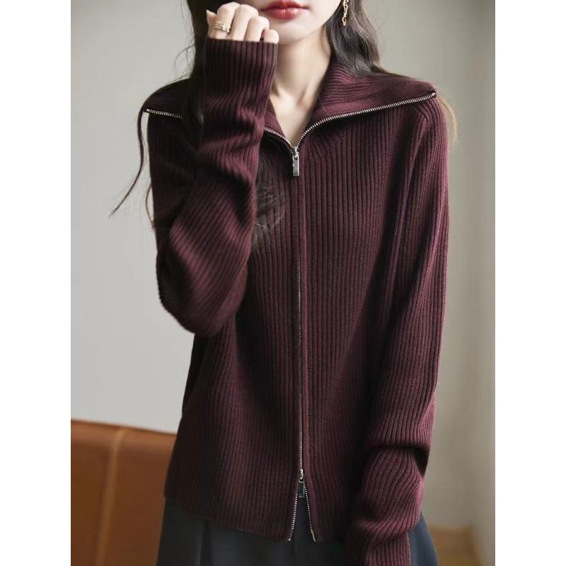 Double zipper lapel knitted cardigan women's spring and autumn new loose versatile thin sweater jacket casual outside
