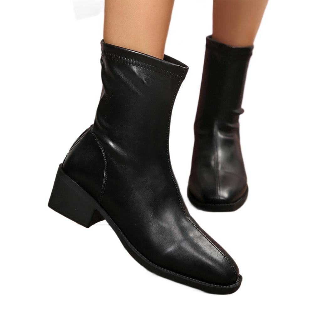 New European and American style square head thick heel short boots women's solid color rear zipper low tube fashion boots large size women's shoes
