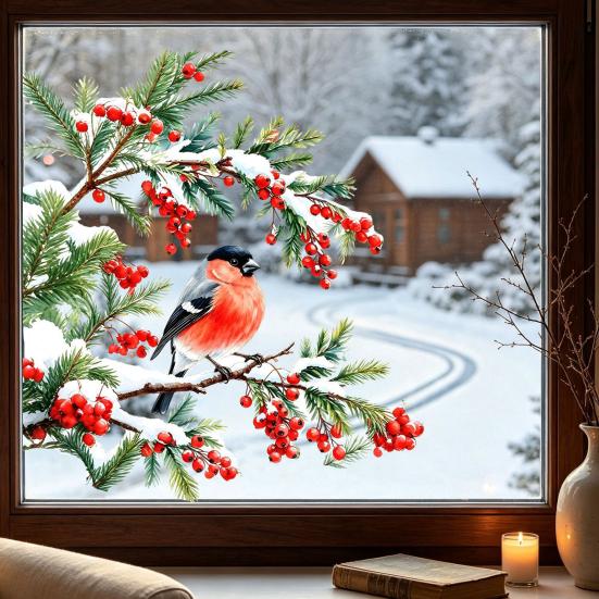 Winter Atmosphere Decor Bullfinch And Red Berries Static Glass Sticker, Watercolor Bird Decal, Window Decals Removable PVC Cling for Home Store