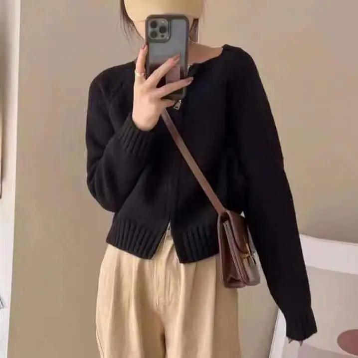 

Женский осенне-зимний однотонный кардиган с длинным рукавом и коротким вязанием, женский повседневный свитер-куртка на молнии с круглым вырезом XL