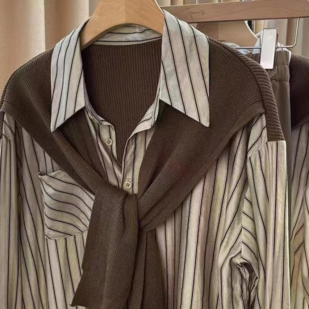 Autumn Maillard Style Fake Two-piece Women Shirt Brown Kintted Shawl Back Vertical Stripe Shirt Blouse French Style Women Shirt