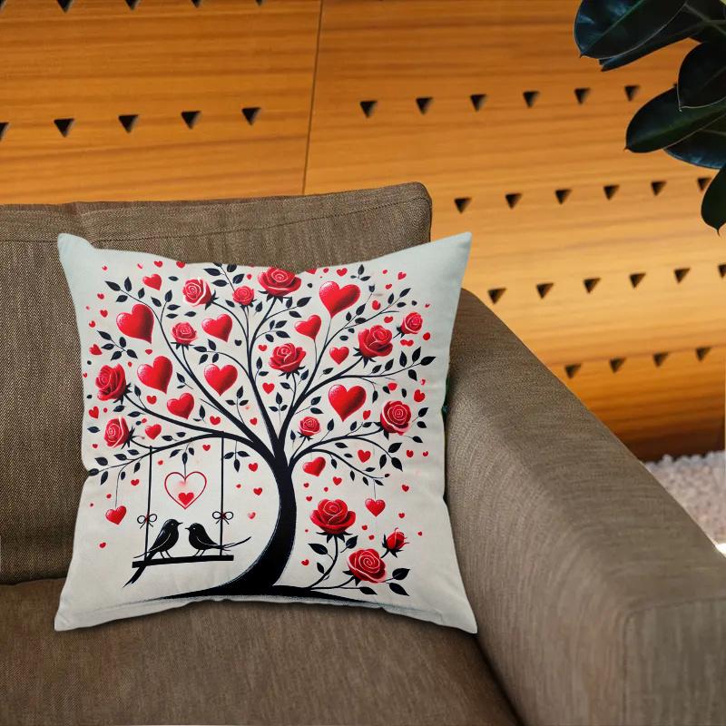 1pc Valentine's Day Heart Tree Decorative Cushion Cover - Red & Black Romantic Heart & Rose Pattern with Golden Swans
