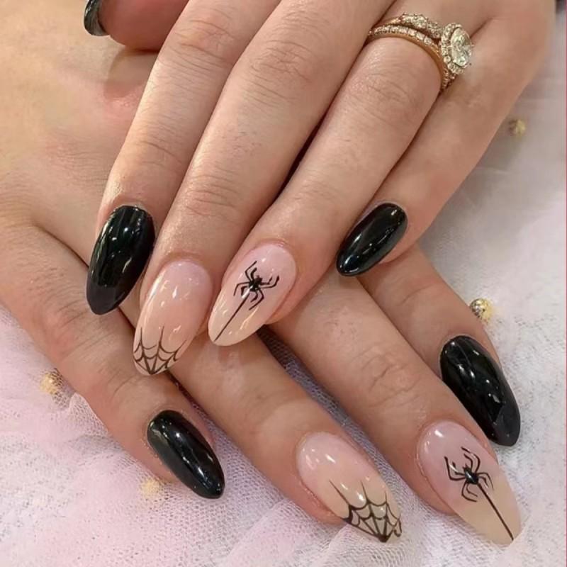 Halloween Spider Web Nail Tips Long Teardrop Shape Black Gothic Press-On Nails Women