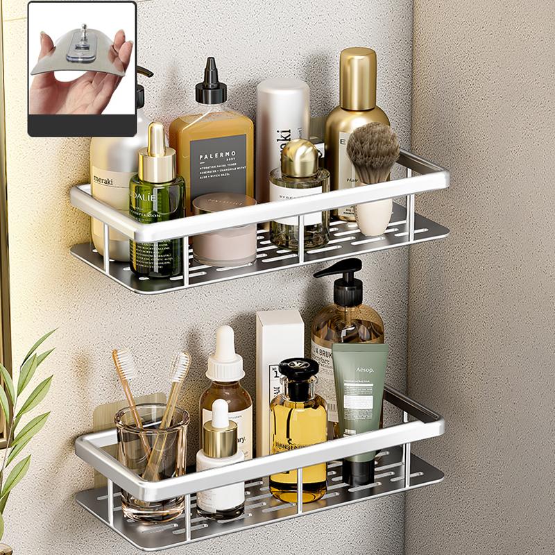 Veggmontert 2-etasjes hylle uten boring Baderomssjampoholder Flytende hylle for veggmontering Hylleoppbevaring Baderom Kjøkken Jernvare Oppbevarer