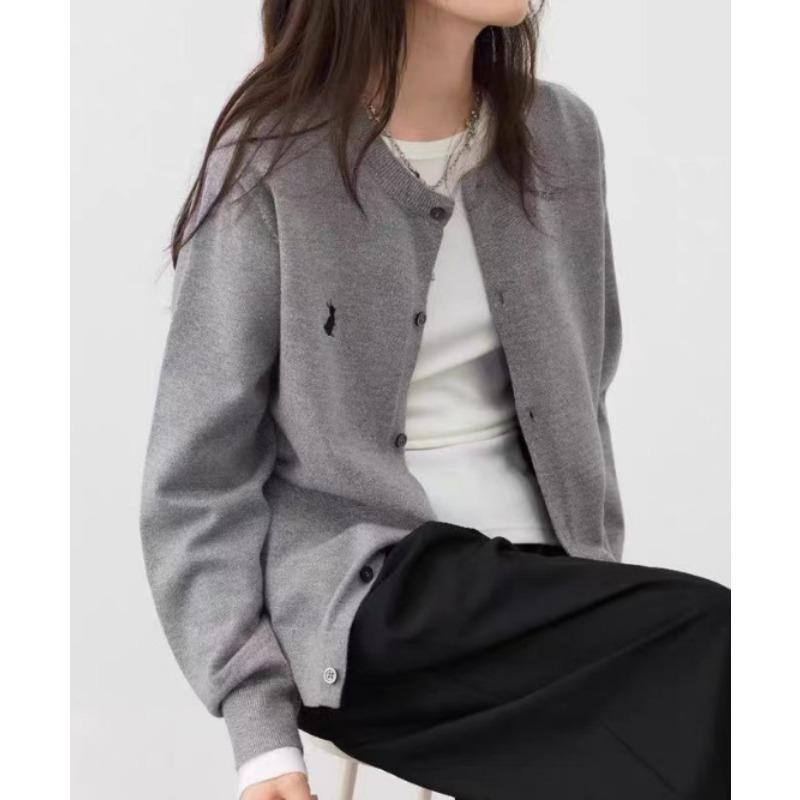 

Весенне-осенний новый вязаный кардиган с вышивкой кролика, женский повседневный универсальный однотонный топ, свободный свитер, женская куртка, тренд average size серый