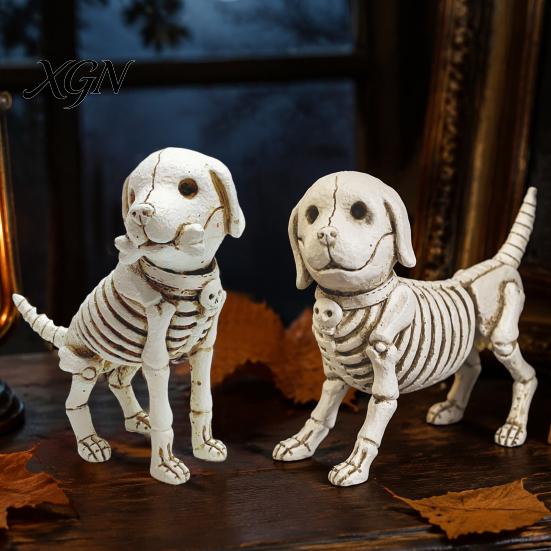 Weather Resistant Garden Statues Skull Puppy Resin Figurine, Halloween Retro Skeleton Dog Statue, Aged Sculptures Gothic Desktop Ornament for Bars And