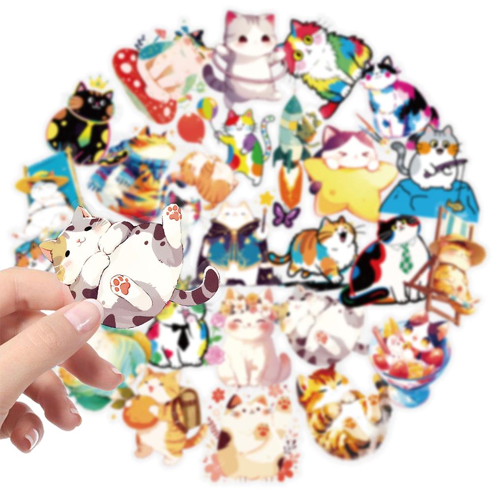10/30/50pcs Kawaii Colorful Cat Transparent PET Stickers Cute Cartoon Sticker Decoration Suitcase Notebook Phone Decals Packing