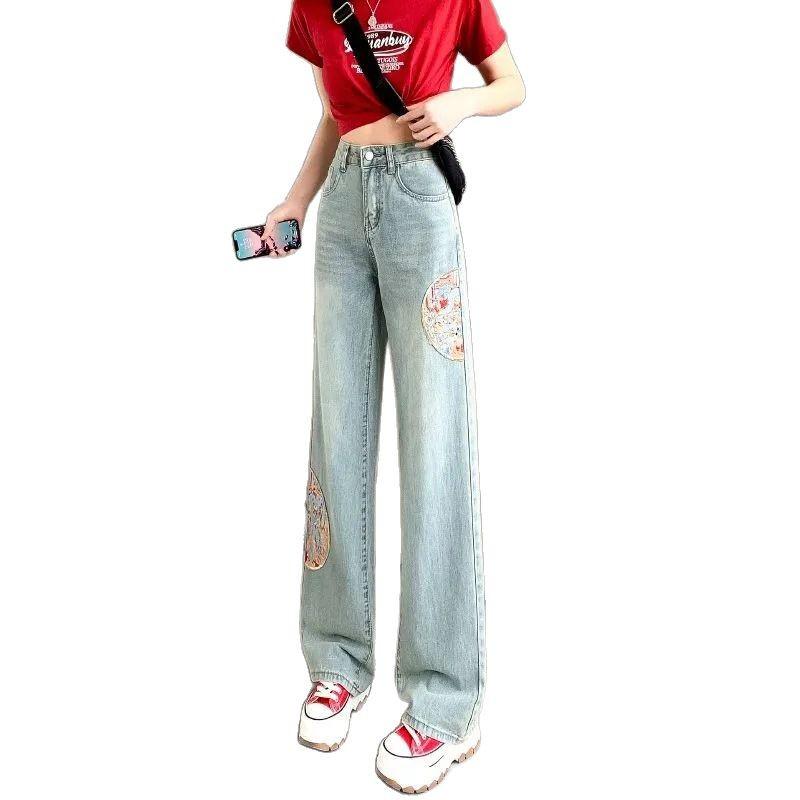 Women's 2025 Spring/Autumn High-Waist Embroidered Wide-Leg Jeans - National Style