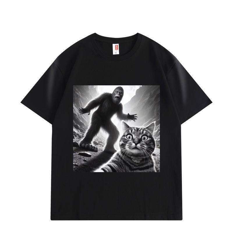 Funny Cat Selfie Bigfoot Alien Meme T-shirt Fashion Vintage Short Sleeve T-shirts Men Women Summer Cotton T Shirt S