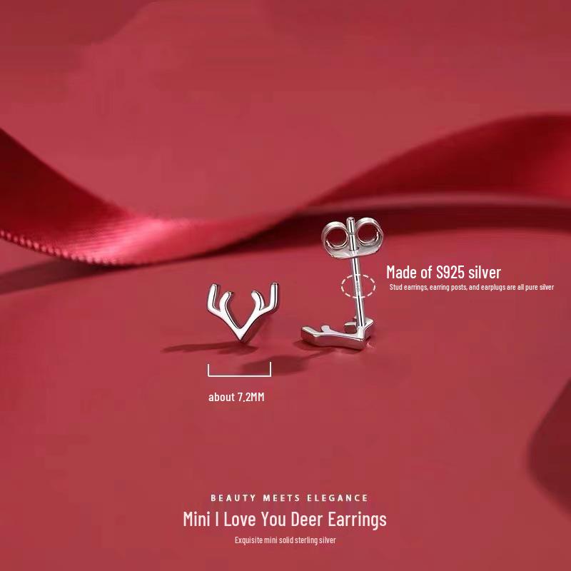 Sterling Silver S925 Antler Stud Earrings for Women - Cute Mini Deer Christmas 2024
